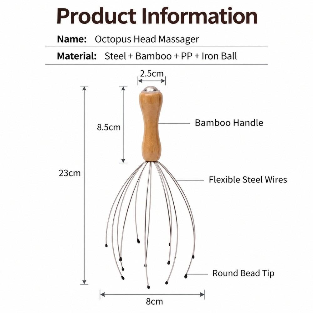Round Tip Head Massager Wood Handle Head Scratcher Flexible Scalp Relax Tool Home Stress Relief