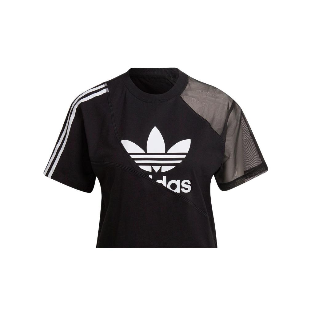 Adidas Originals Trefoil Large Logo Striped Print Spliced Casual Crew Neck Short Sleeve Drop Shoulder T-Shirt Women T-Shirt Black HC7039