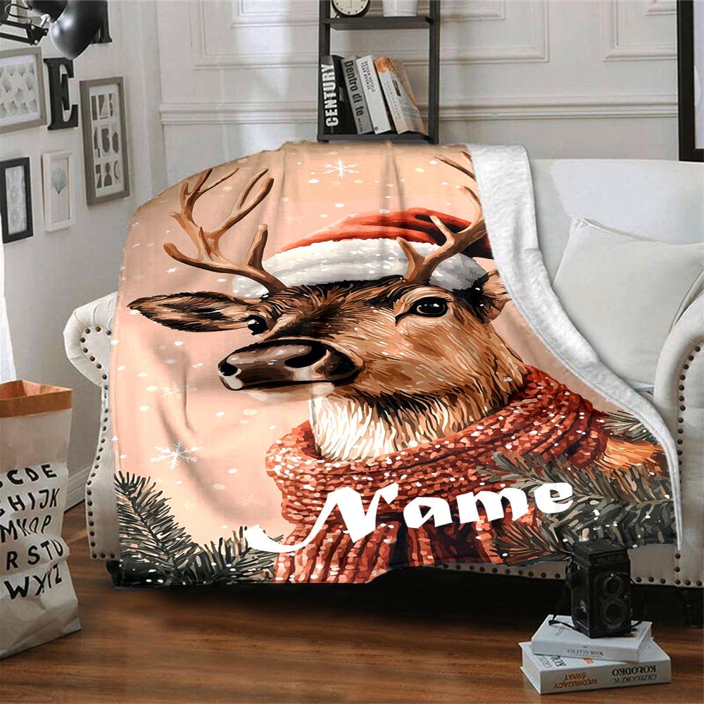 Custom Name Christmas reindeer Theme Printed Blanket - Perfect for Couch, Bed, Travel & Outdoor Use | Machine Washable, Cozy & Durable.