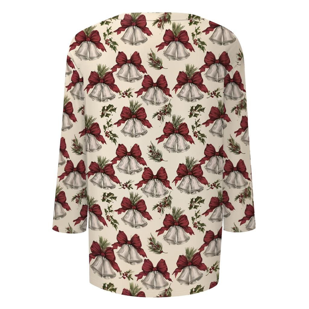 Women's Casual Christmas Printed Three-Quarter Sleeve Neck T-Shirt Tee Top