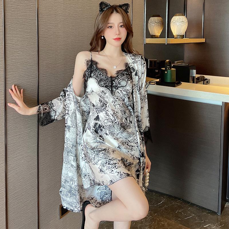 Ink painting ice silk suspender nightdress women's spring and summer pajamas thin nightgown sexy antique two-piece suit loungewear