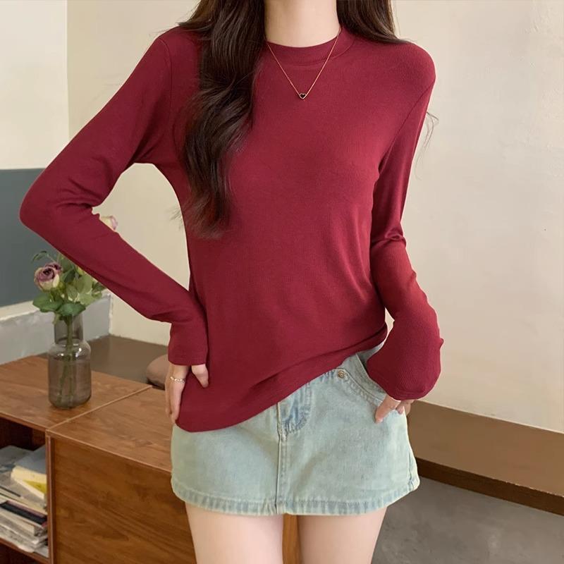 Weißes schlichtes vielseitiges langärmeliges T-Shirt für Damen im Herbst und Winter kleiner Stehkragen schlankmachende einfarbige Western-Stil Unterzieh-Oberteil