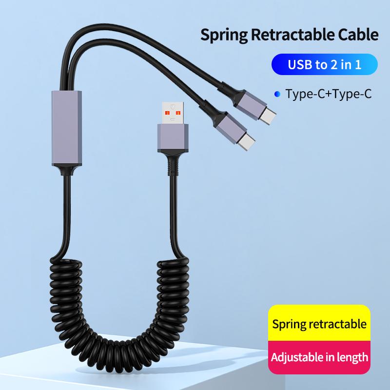 100W Super Fast Charging 2-in-1 Retractable USB-C & Type-C Coiled Data Cable 90-Degree Angled Design TPU Material for IPhone17