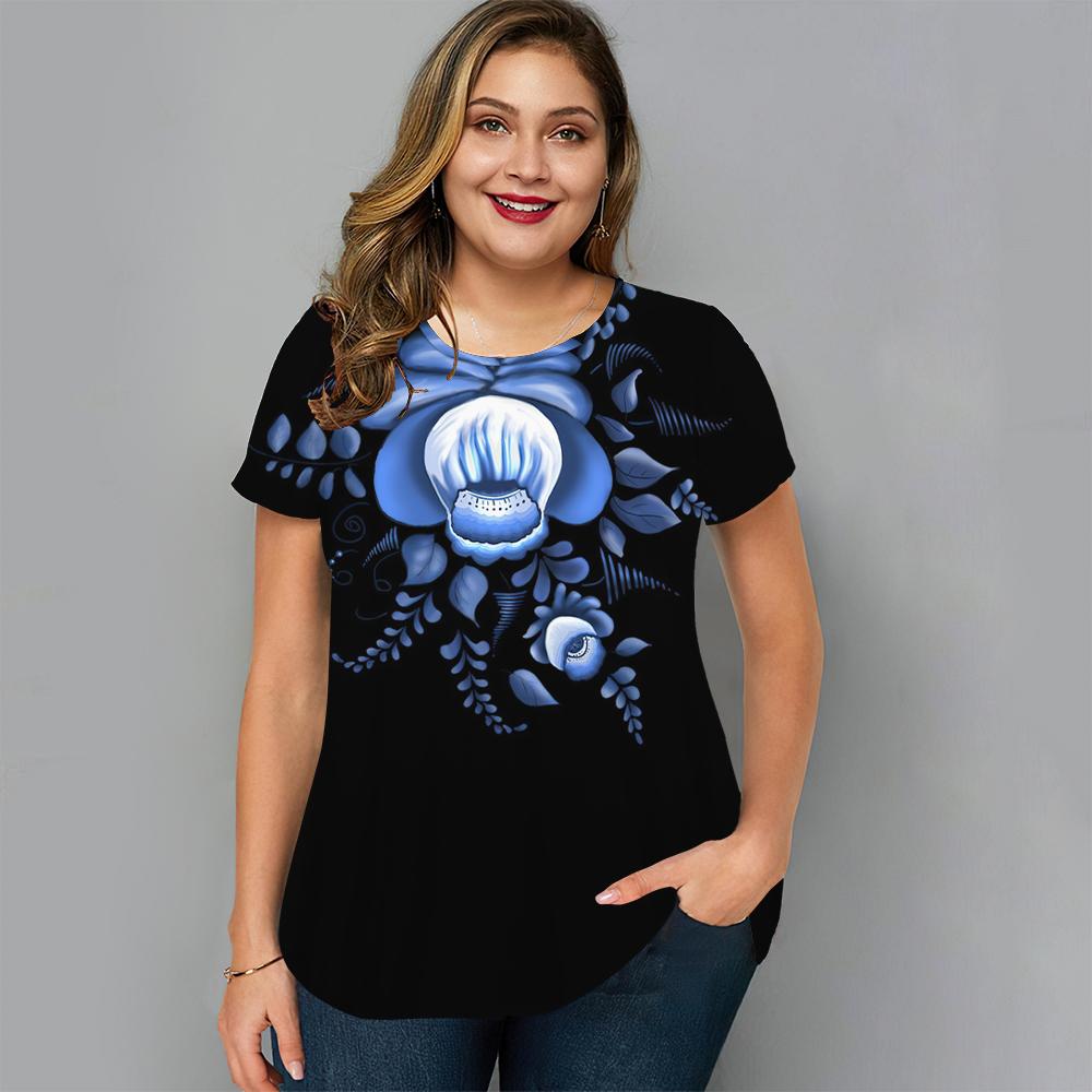Summer Round Neck Floral Graphic 3D Print Top Fashionable Casual Short Sleeved Plus Size Women's T-shirts