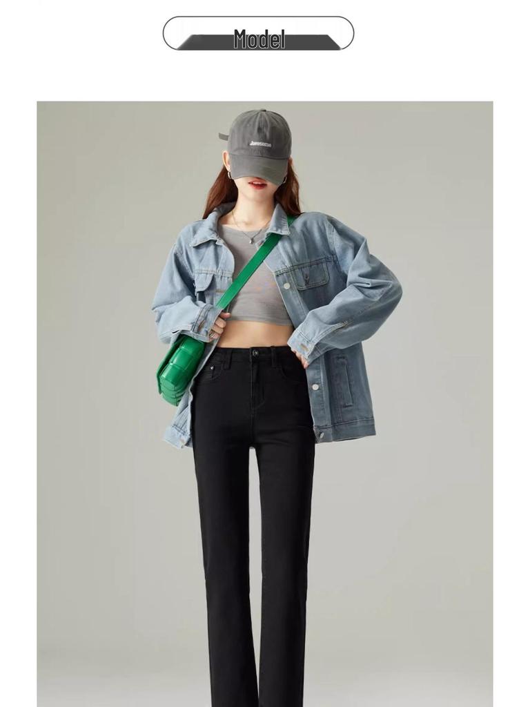 Women's High Waist Slimming Black Cigarette Jeans - Spring 2025 Collection, Stretch Cropped Straight Leg Pants