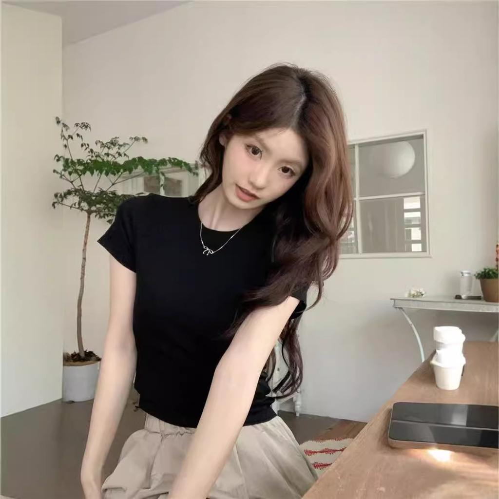 Spring and Summer New South East Asia T-shirt Pink Slim-fit Short-sleeved Women's Versatile Bottoming Shirt Top Trendy