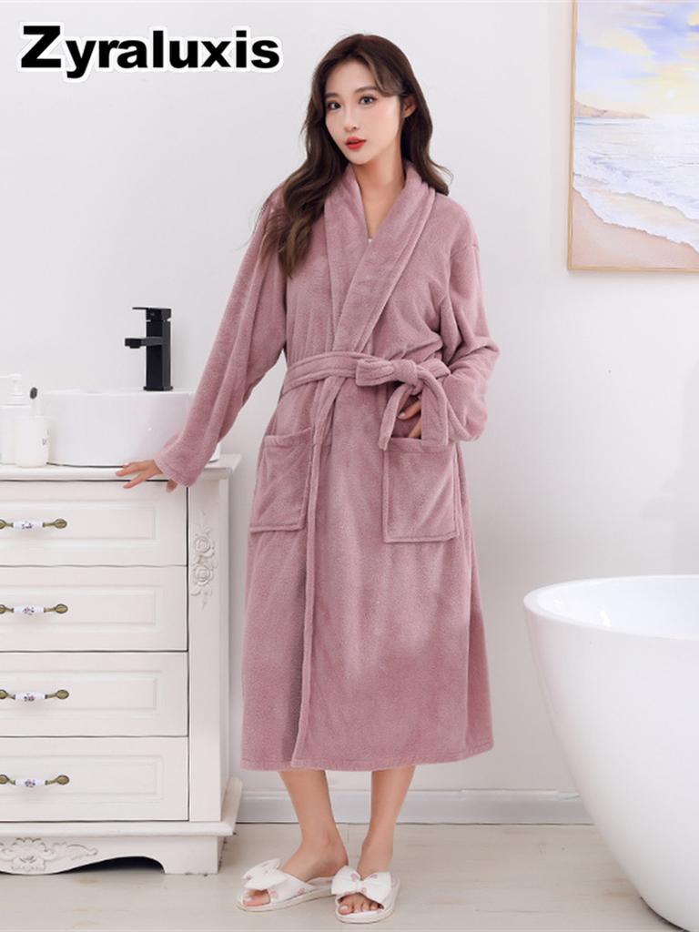 Women's Ultra-Soft Coral Fleece Bathrobe with Warm Sherpa Lining for Winter Daily Wear