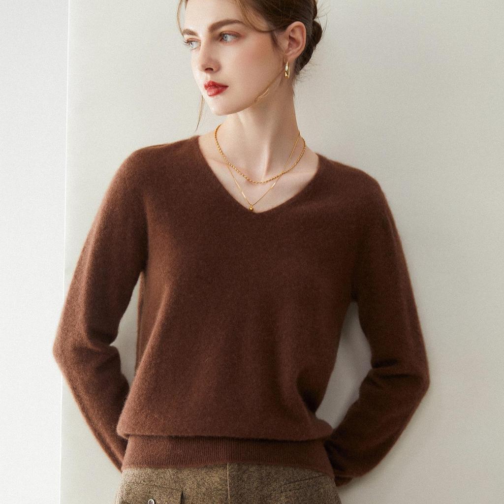 Women's Pure Cashmere V-Neck Pullover Sweater - Knitted, Simple, Versatile Layer