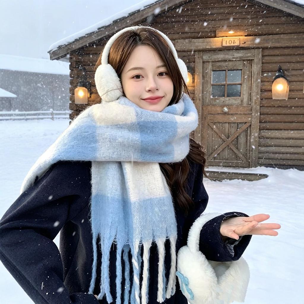Korean Blue Plaid Scarf Women's Winter Thickened Warm Imitation Mohair Shawl Dual-purpose Student Versatile Scarf