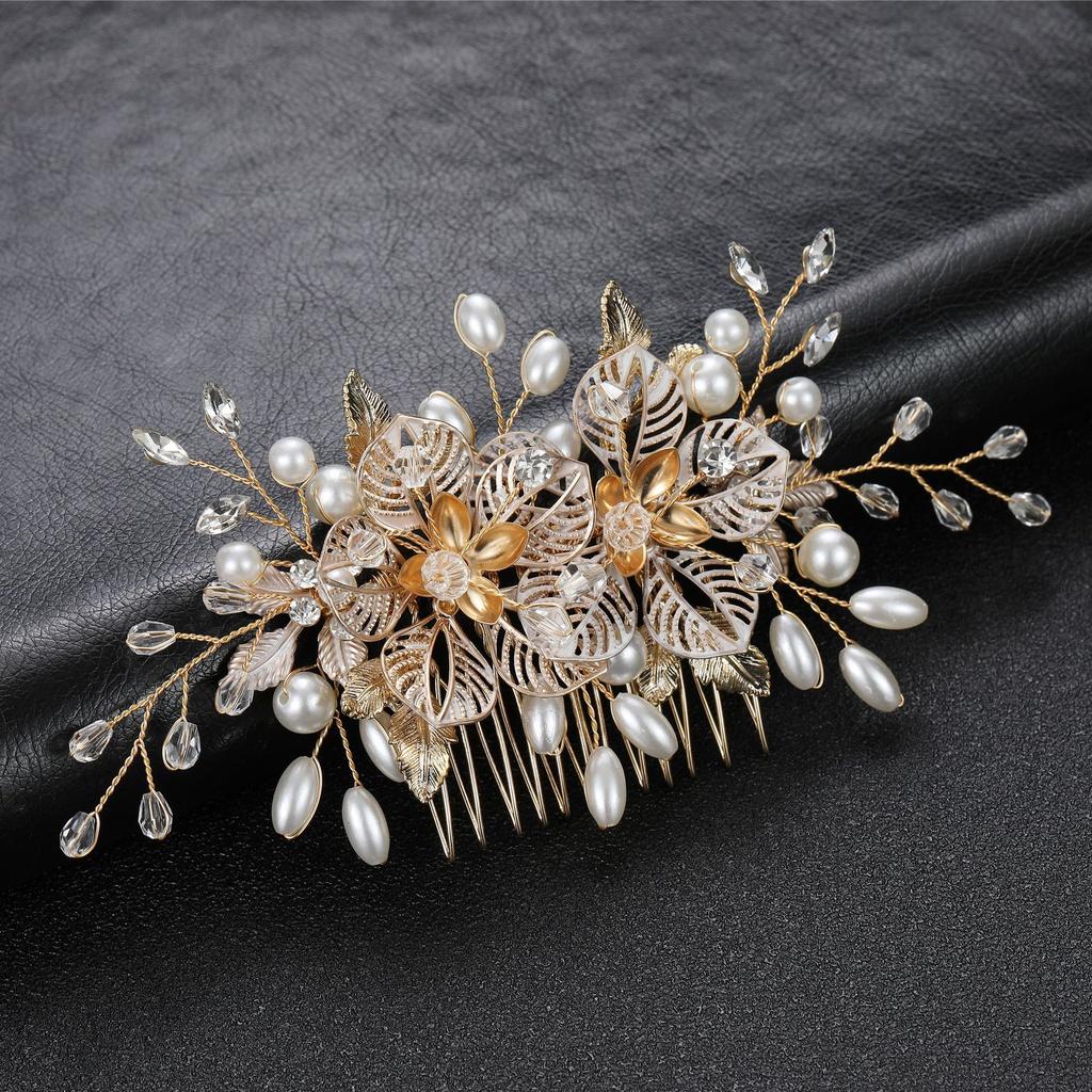 Bridal Wedding Hair Accessories Golden Hollow Flower Pearl Crystal Comb Europe and America Cross Border Factory Direct Sales