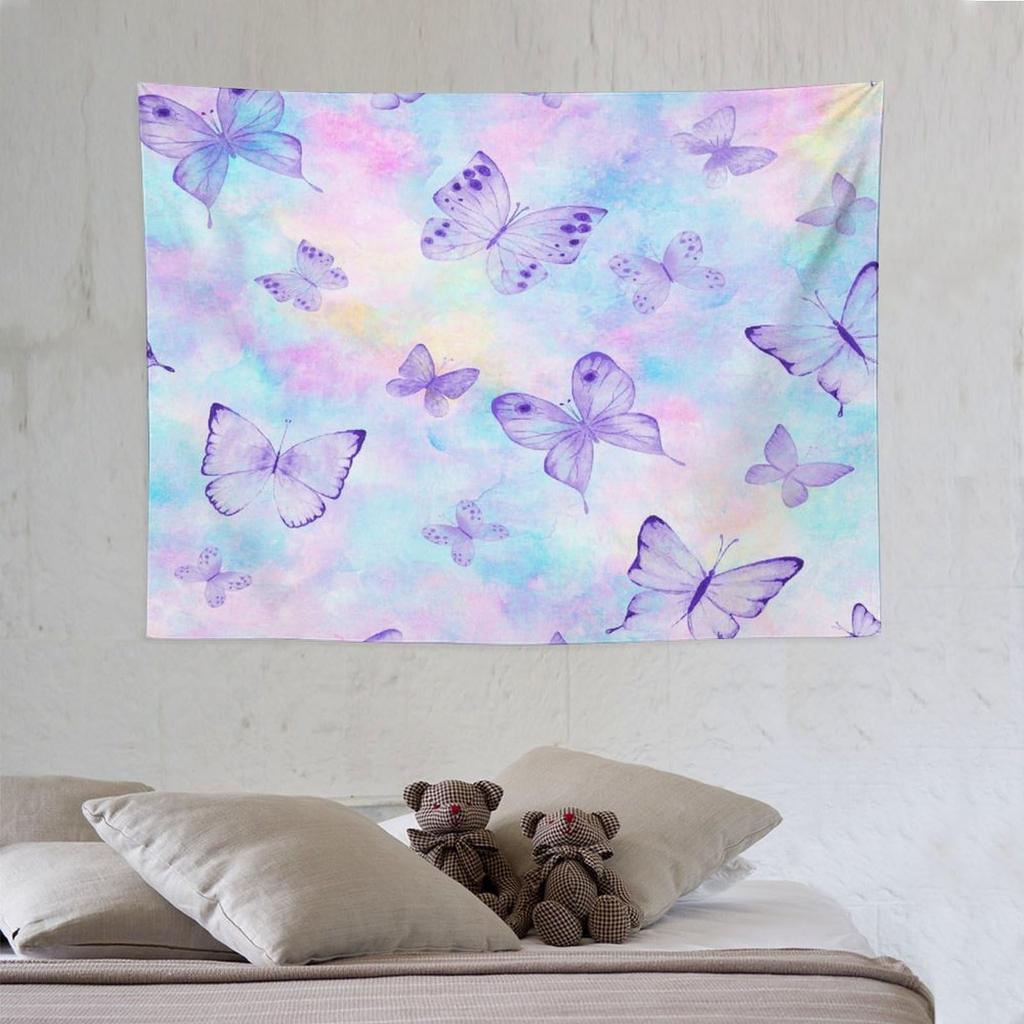 Traumschmetterling Wandteppich Lila Tuschemalerei Schmetterlinge Kinder Mädchen Wandteppiche Heimdekoration für Wohnzimmer Schlafzimmer