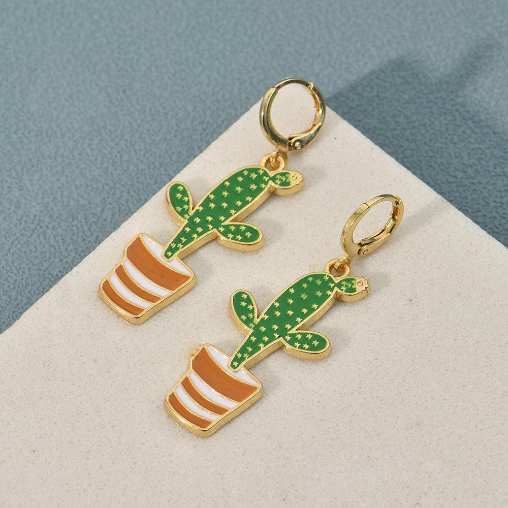 Green Cactus Rainbow Leaf Dangle Earrings for Women Girls Creative Fresh Enamel Metal Hoop Plant Earrings Female Jewelry Gift
