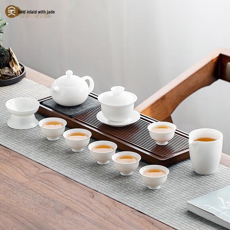 Gold Inlaid Jade White Porcelain Tea Set