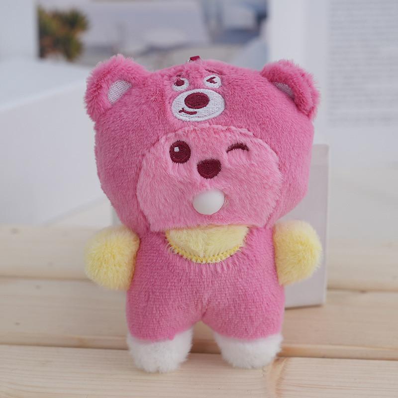Adorable Plush Bubble Blowing Doll Toy With Cute Beaver Costume In Strawberry Bear Design Pink Winking