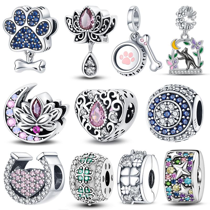 925 Silver Cute paws and Love lotus flowers Pendant Beads, Fit Necklace Bracelet DIY DIY Holiday Party Gifts