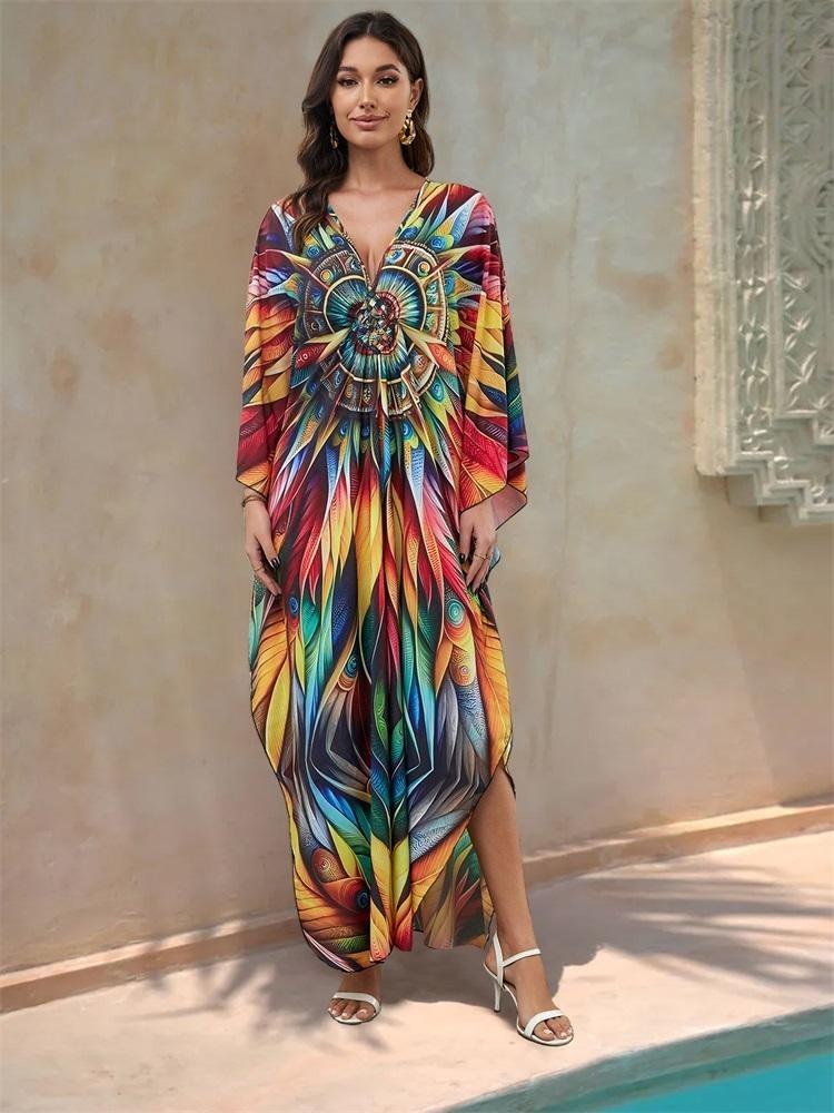 Summer Vintage Boho Women Plus Size Kaftan Sexy Beach Coverups Colorful Printed V Neck Batwing Sleeve