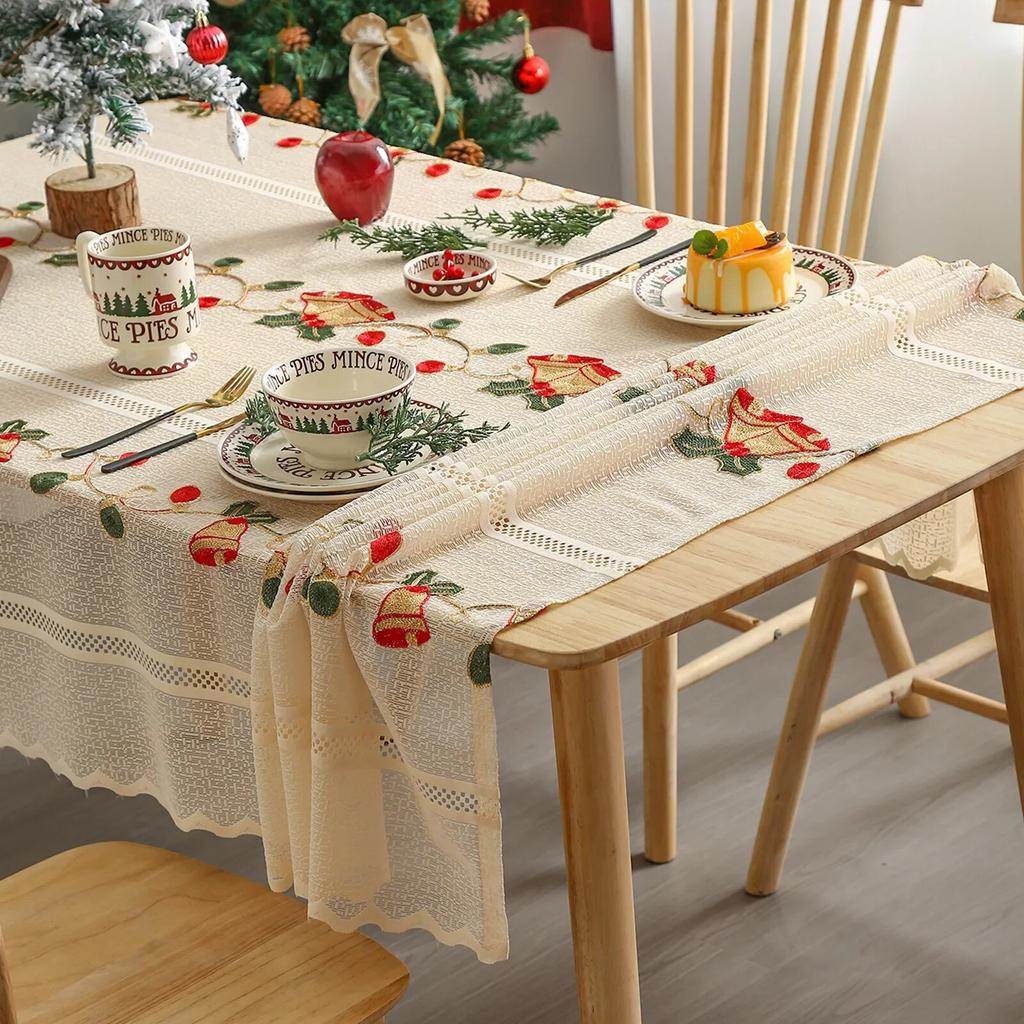 Lace Christmas Embroidered Tablecloth Bells Party Dining Kitchen Table Rectangle Beautifying Decorative Table Cover