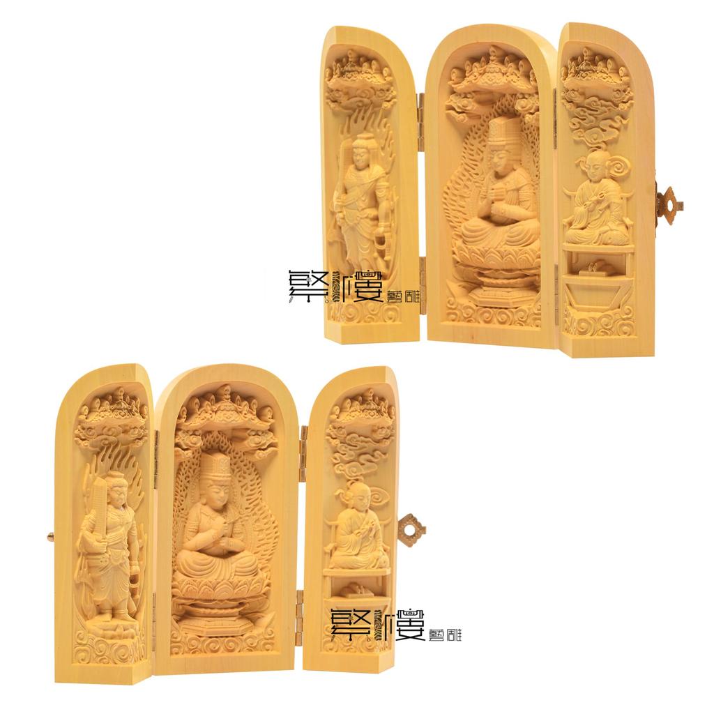Hanro Holzschnitzerei, Buddhistische Statue, Drei Offene Buddhas, Dainichi Nyorai Triade, Acala, Shingon-Buddhismus, Kobo Daishi, Buddhistischer Altar, Holzschnitzerei,