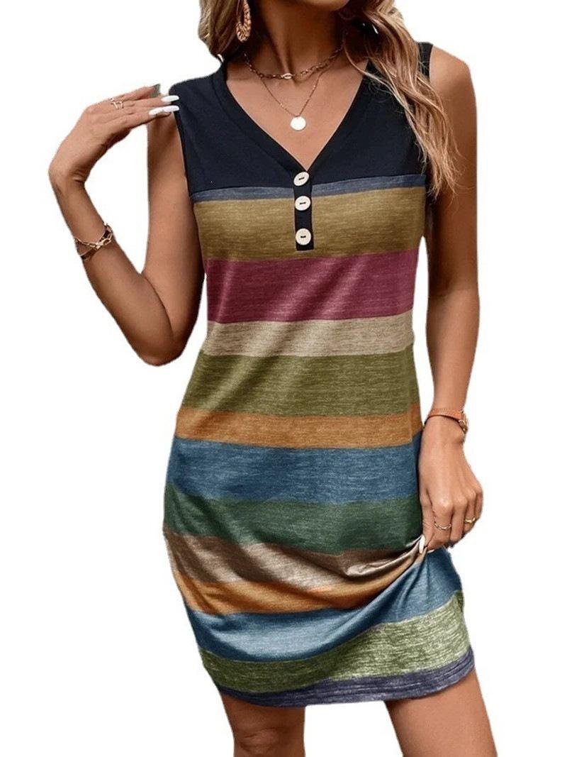 Spring and summer 2026 European and American cross-border Amazon independent station new striped printed buttons loose vest dress S