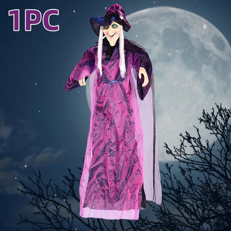 Halloween Hanging Witch Decor Skeleton with Sound Glowing Red Eyes Scary Talking Witch Halloween Decorations Haunted House Props 178x106CM