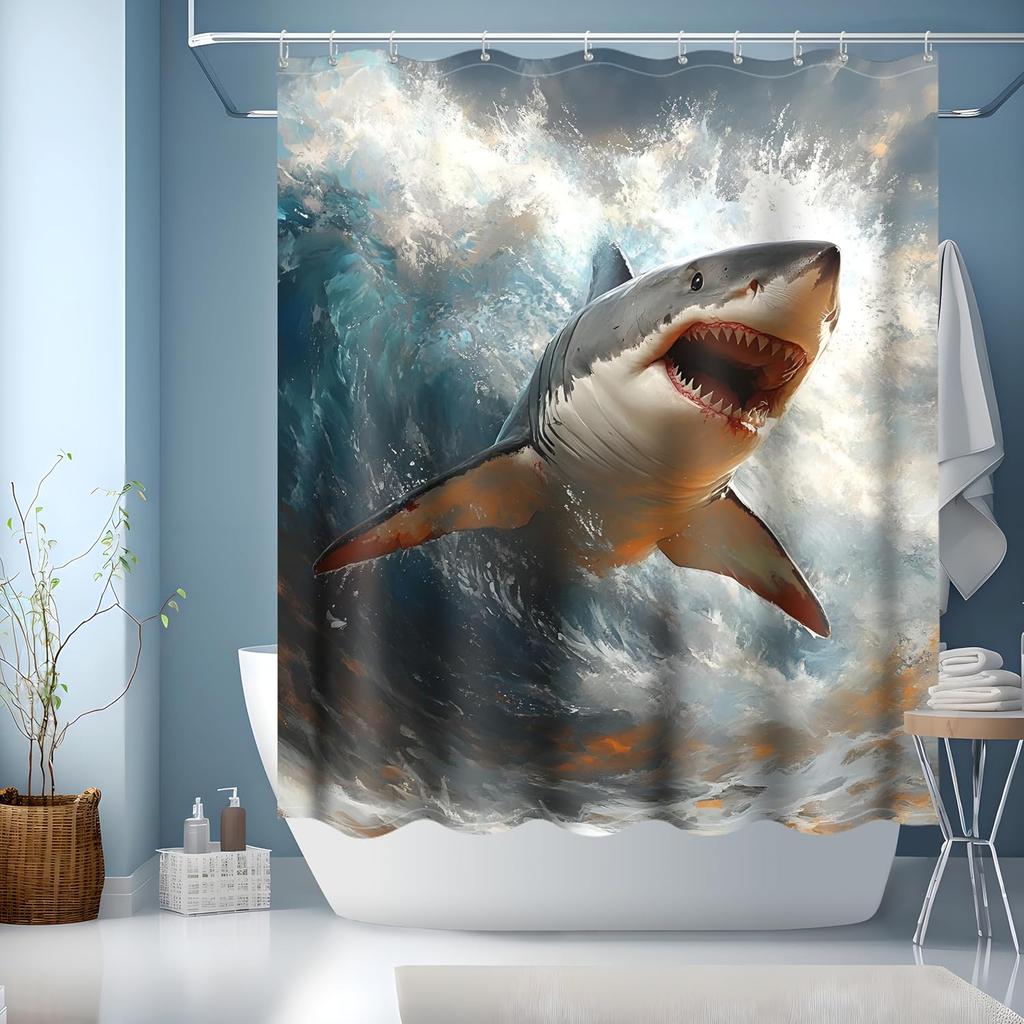 Sea Life Shower Curtain, Washable Shark Pattern Printed Shower Curtain Waterproof Bathroom Decoration 180x180cm