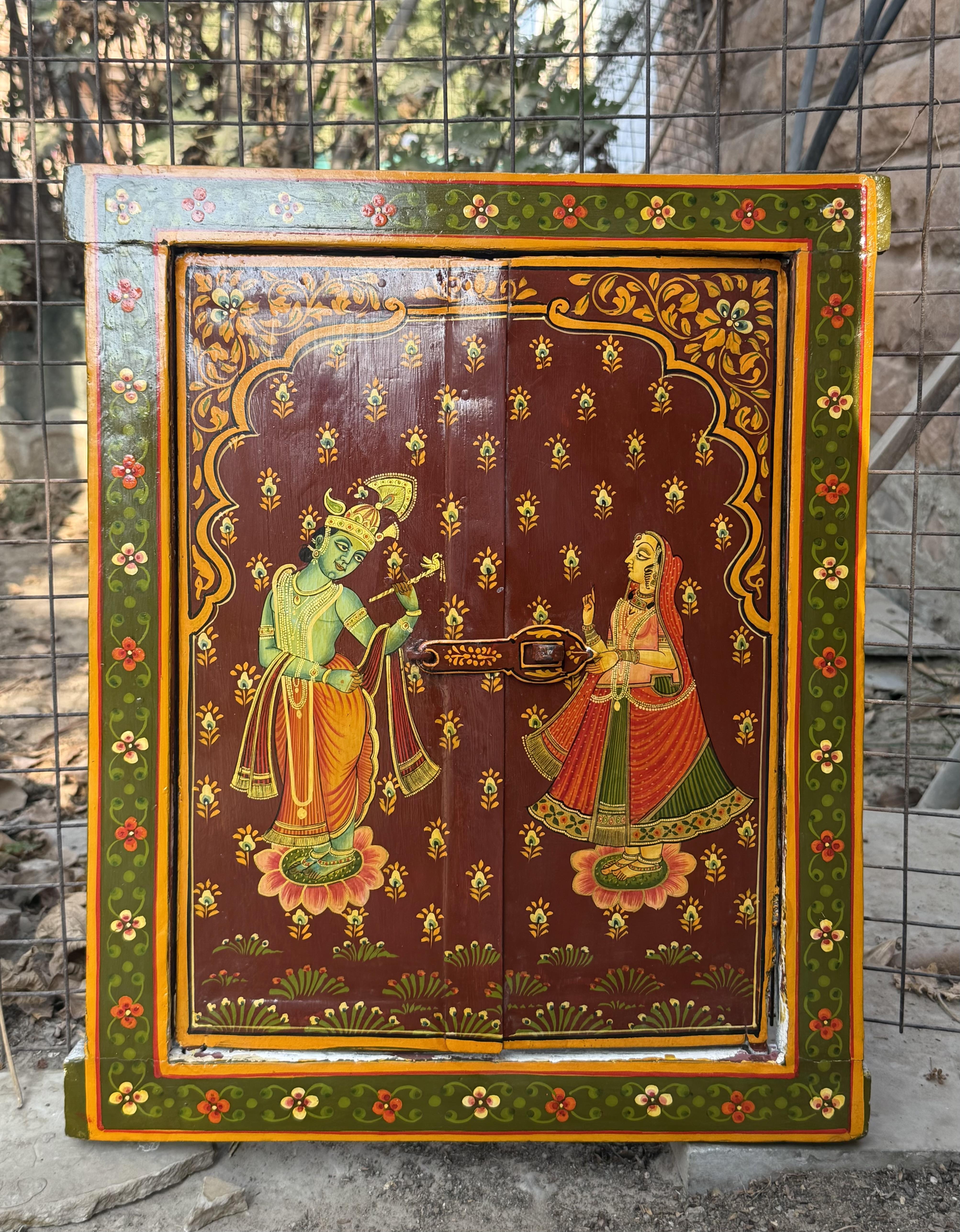 Old Hand Painted Radha Krishna Wooden Window Panel – Rustic Indian Temple Art Decor 19.5” X 16.5” X 1” (h x l x w) approx.