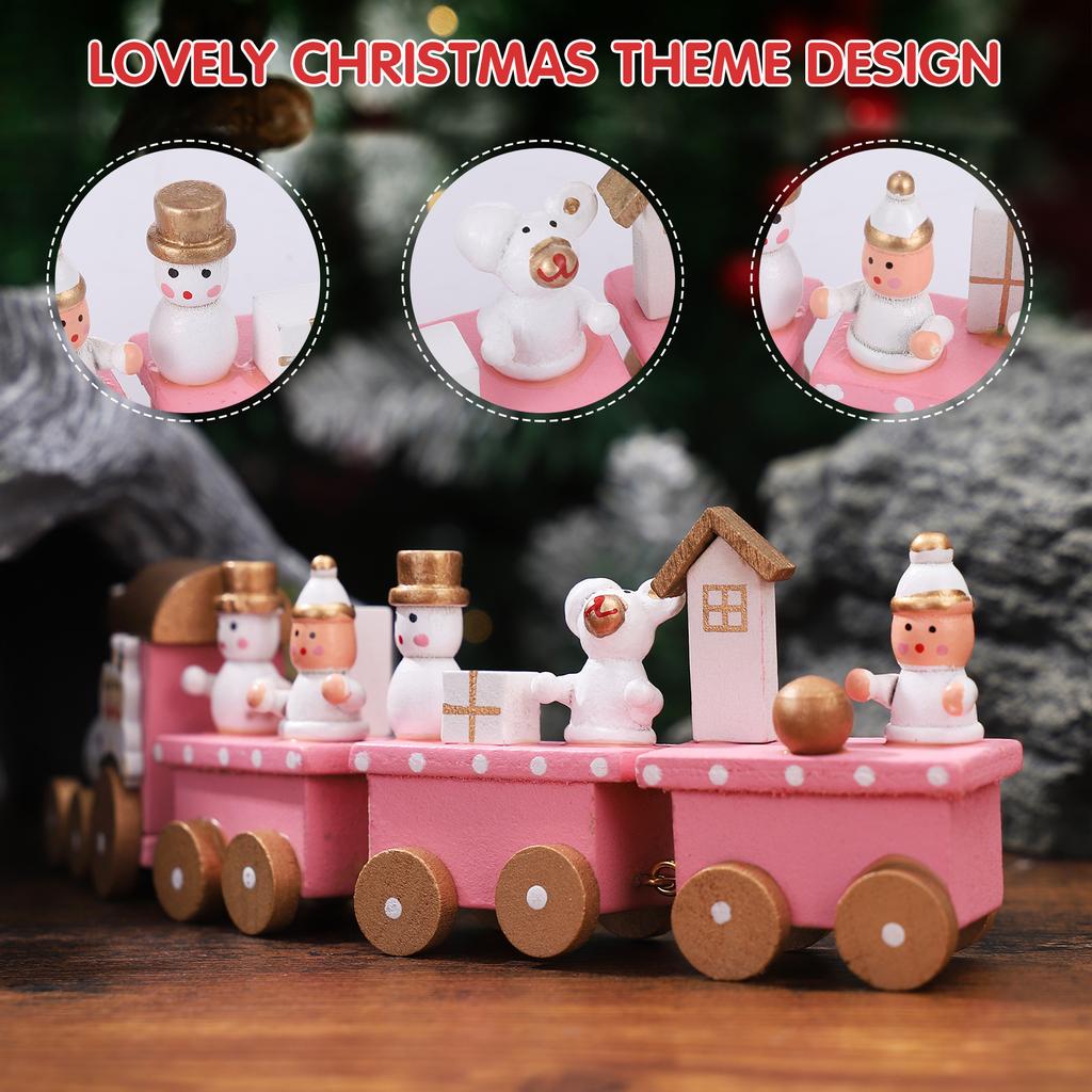 Christmas Wooden Train 4 Section Mini Train Rail Toy Set Creative Train Adornment with Snowman and Bear Desktop Gift for Kids
