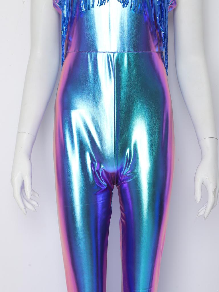 Tuta da Donna Lucida Metallizzata con Frange Senza Maniche Spalline Sottili Pantaloni a Zampa Zip Posteriore per Club e Performance sul Palco
