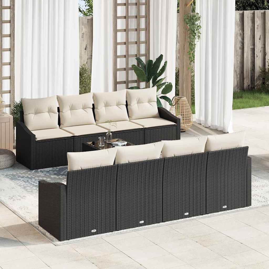 9 Piece Sofa Set with Cushions in Black and Cream Poly Rattan
