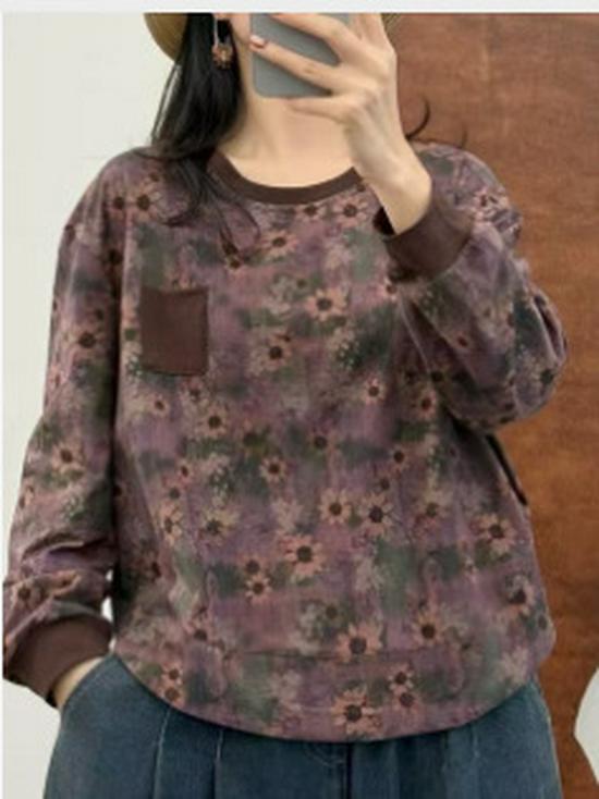Women's Casual Spring Print Long Sleeve Cotton Pullover Top