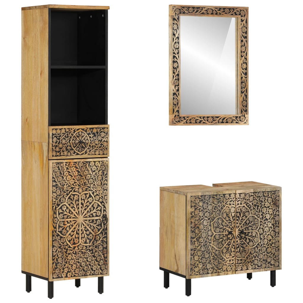 3 Piece Bathroom Furniture Set Solid Mango Wood