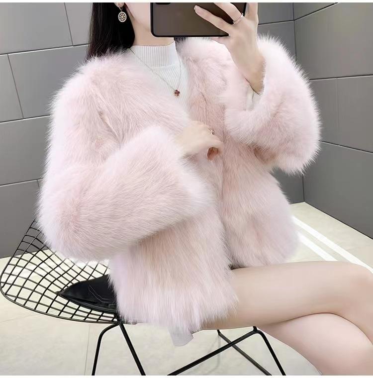 Coat European and American Fashion Women's Imitation Fur Women's Imitation Fox Hair Fur Coat New Slim Short Splicing Jacket Fur One Furry Coat Female