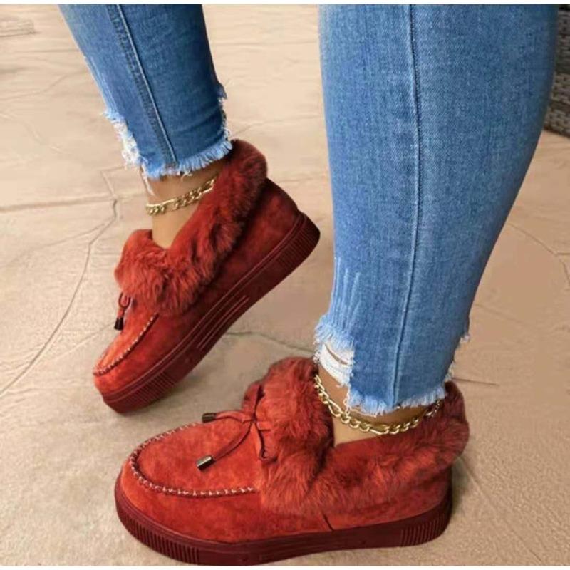 Women's Cotton Shoes, Winter Bow Warm Shoes, Flat-soled Large-size Fluffy Shoes, Large-size Women's Shoes