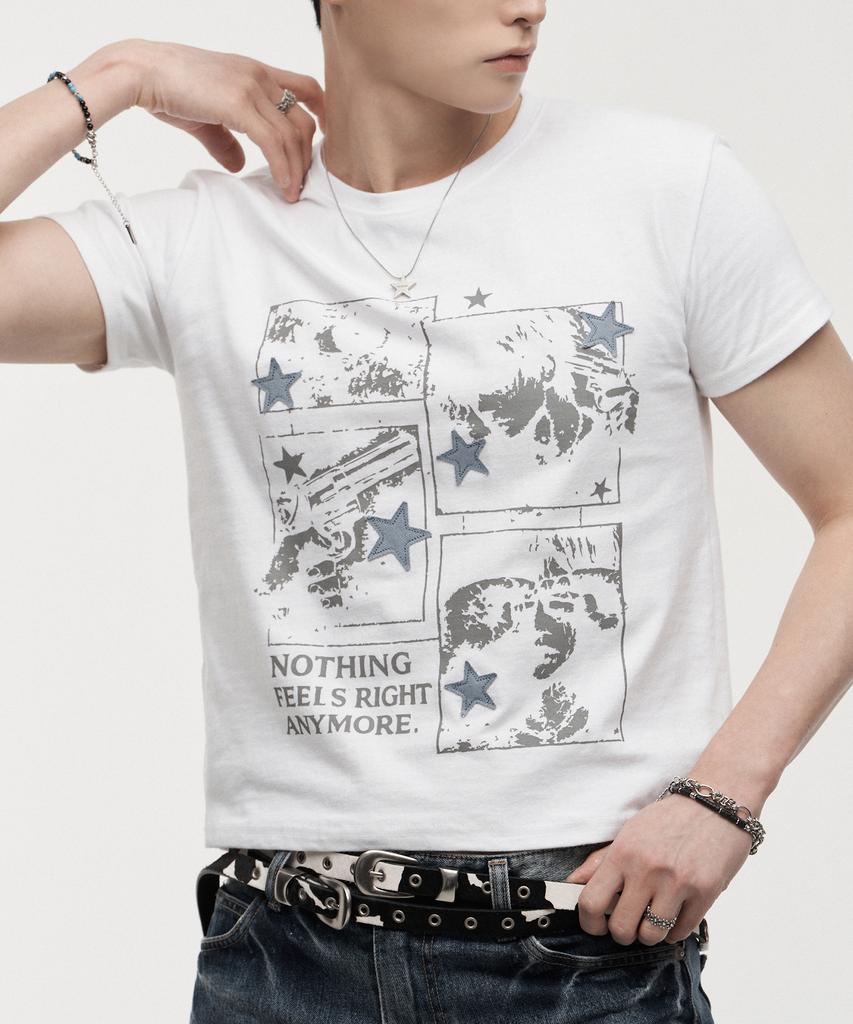 LANARCHIVE [0132] Denim Applique Star Short Sleeve T-Shirt - Ivory