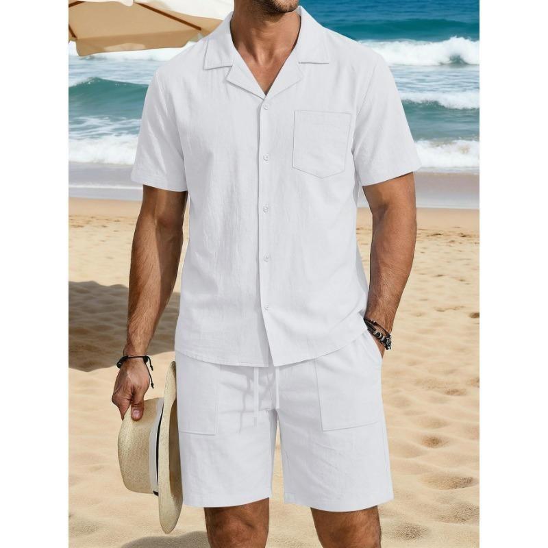 Mens Casual Linen Short Sleeve Shirt And Shorts Set