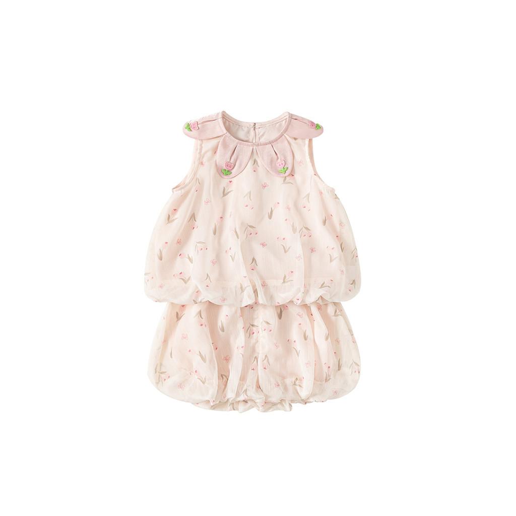 Girl Summer Flower Pattern Sleeveless Shorts Set For Kids 3 To 8 Years