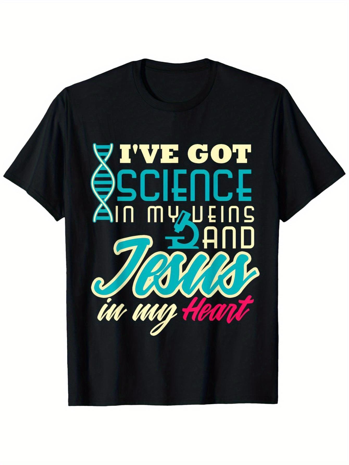 Футболка с надписью: Учитель науки Христианин Иисус Биология Химия Специалист  Наука в моих жилах  Иисус в моем сердце  Графическая футболка S