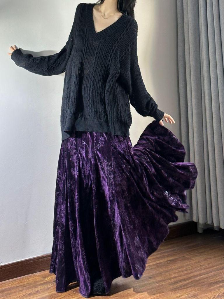 Velvet High Waist Fishtail Skirt - Chinese Style, Long Flare, Autumn/Winter Collection for Women