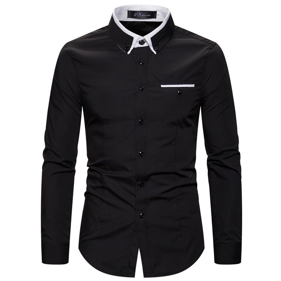 Men's Autumn Fashion Double Collar Solid Color Slim Fit Long Sleeve Shirt