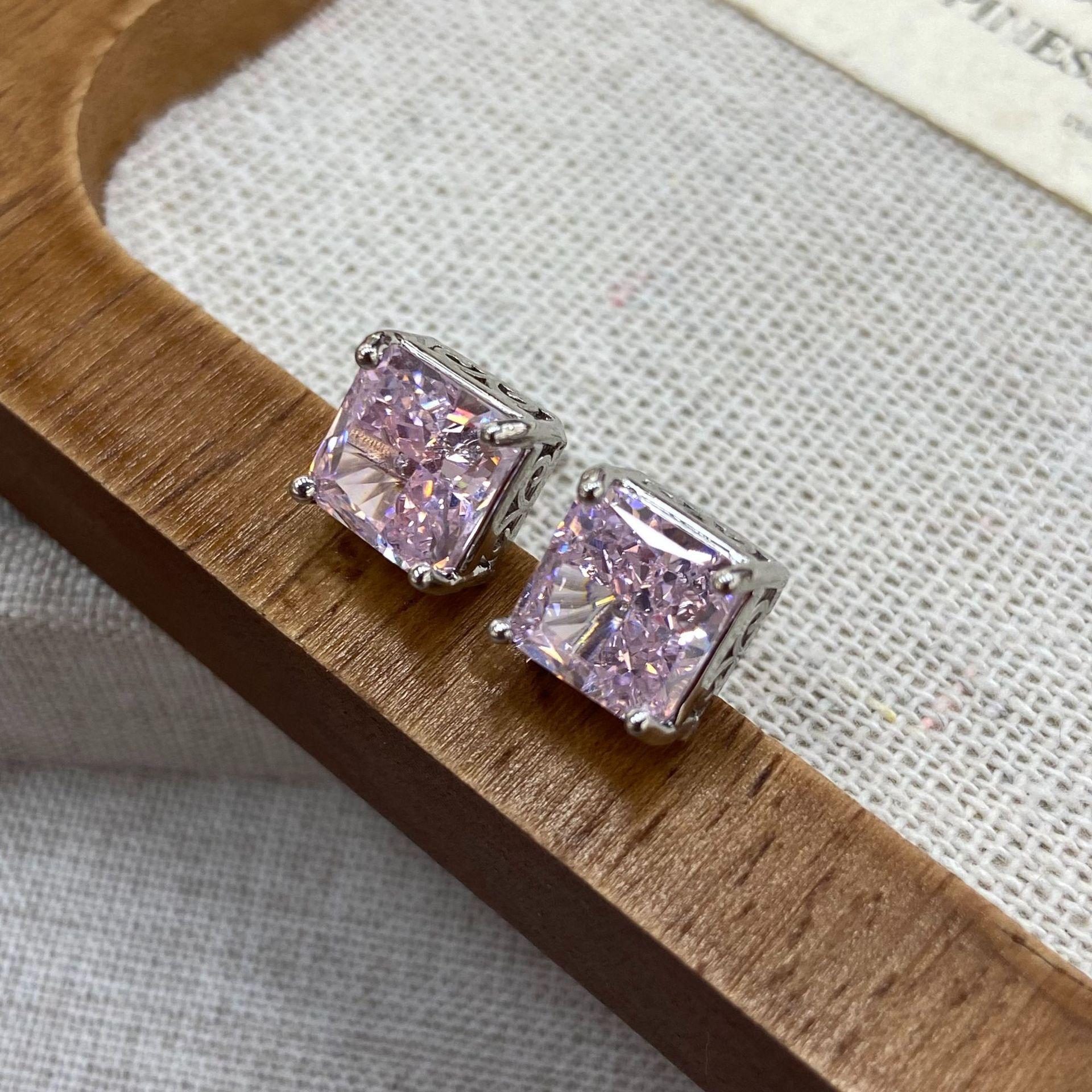 Minimalist Pink Crystal Square Luxury Stud Earrings