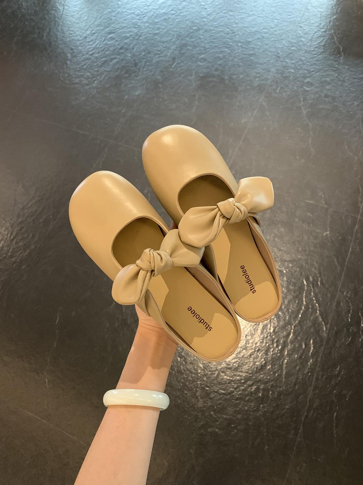 

Leather version~ Grape mother inner height increase 4cm bag head slippers women s summer wear bow cool slippers half a word drag 35