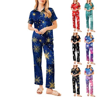 Women's Christmas Print Pajama Set Women's Short Sleeve Long Pants Two-piece Set Button-up Home Clothes