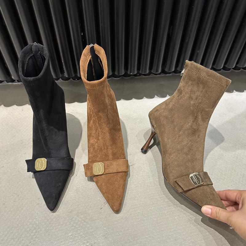 SUOJIALUN New Brand Women Short Boots Fashion Pointed Toe Slip On Ladies Elegant Ankle Boots Shoes Thin High Heel Chelsea Boots
