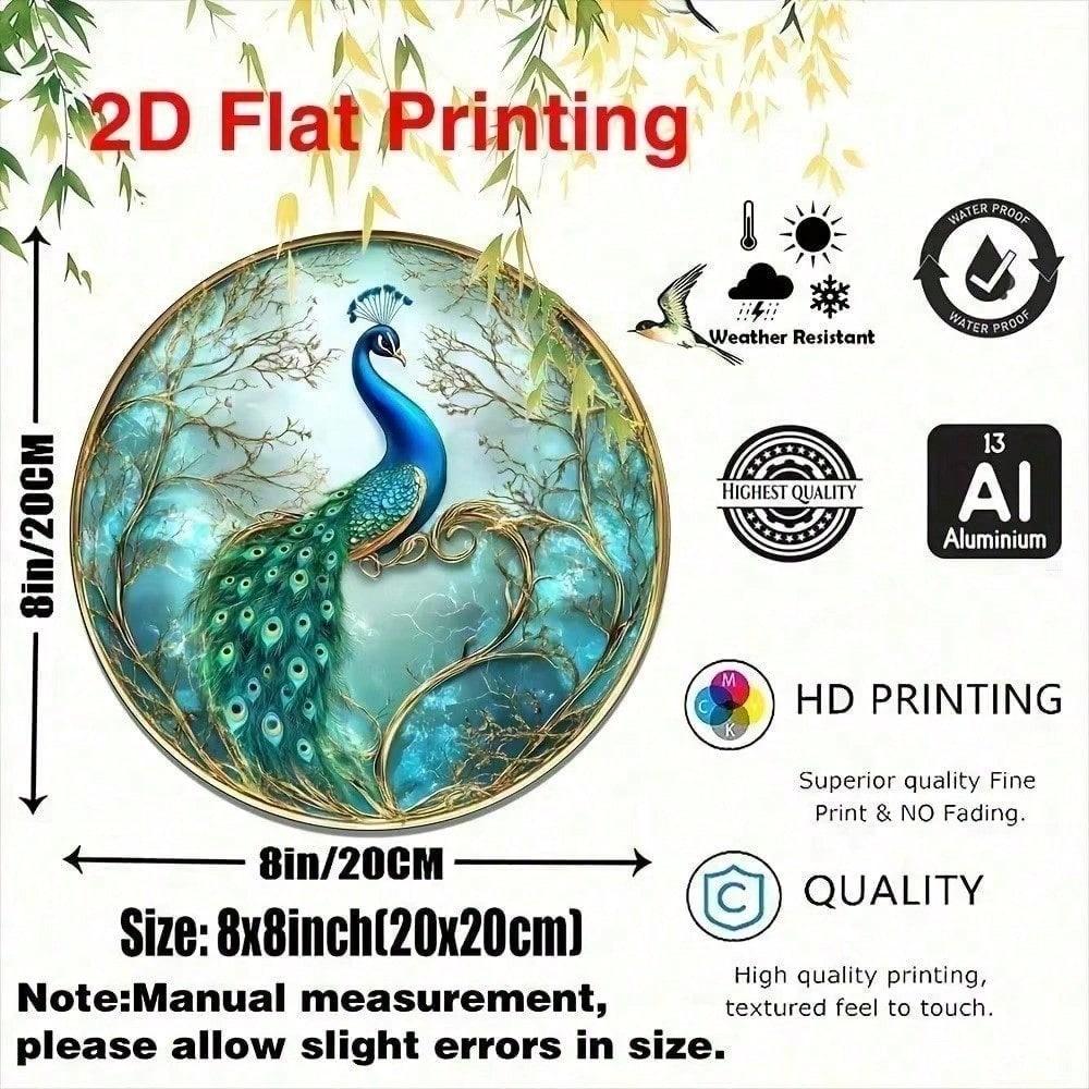 Round 20 cm Gold Peacock Wall Art, Vintage Metal Poster for Living Room