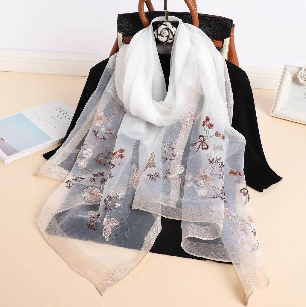Autumn And Winter Simulated Silk Sunscreen Embroidery Long Silk Scarf Temperament Versatile Shawl Warm Embroidery Scarf Women