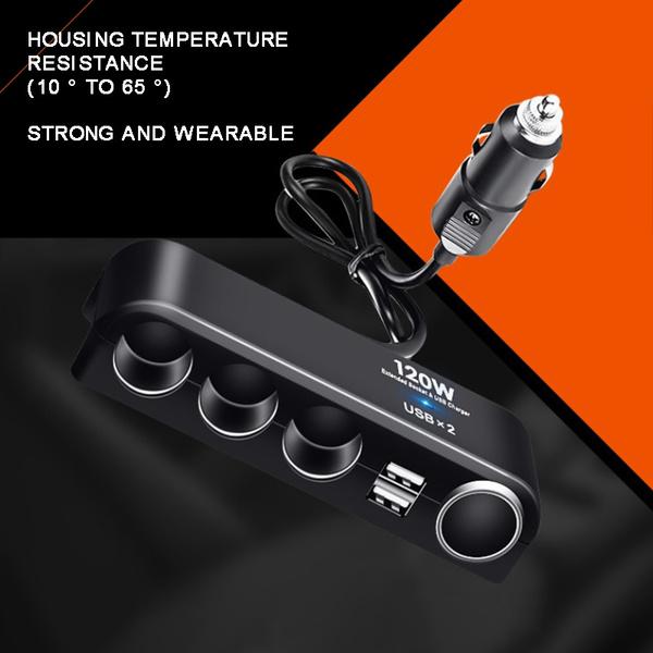 Car 4 Way Cigarette Power Socket Splitter 120w Dual USB Charging Extension Adapter