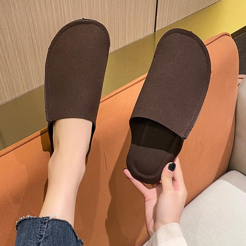 Grinding yarn bag head half slippers women's early spring new soft leather lazy shoes retro flat soft bottom cool slippers women