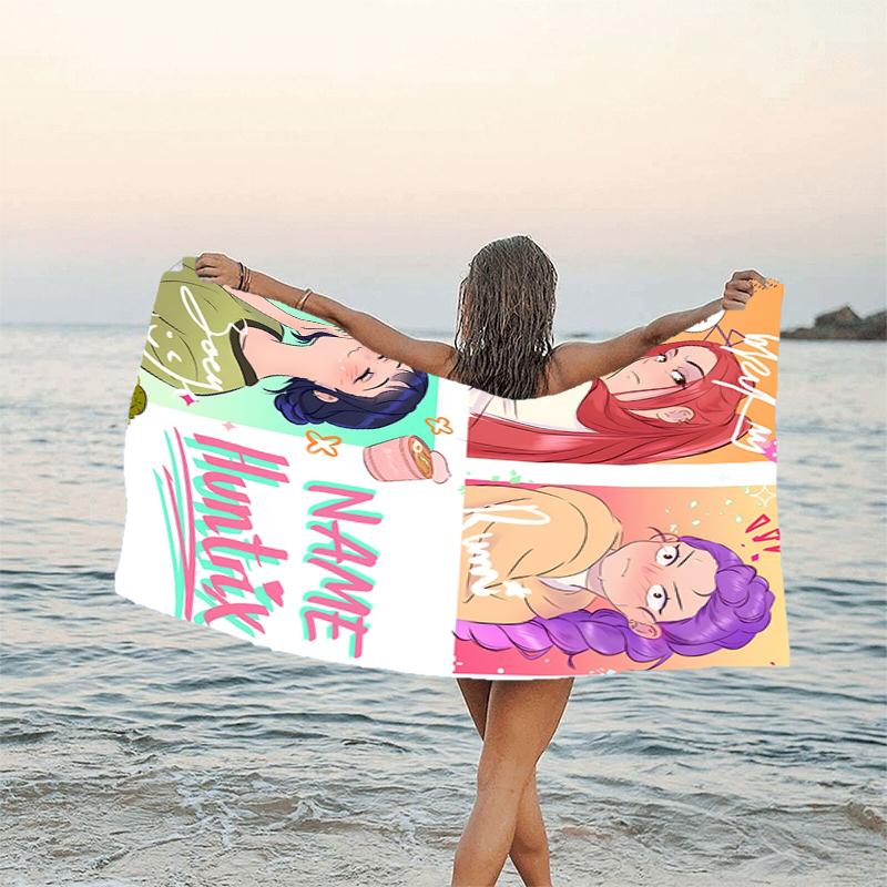 1pc KPop Demon Hunters28 Beach Towel with Custom Name, Beach/Swimming/Bath/Picnic/Camping Towel, Suitable for Seaside Beaches