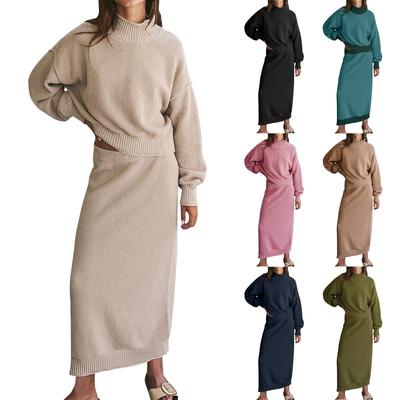 Women's Sweater Set Long Sleeve High Neck Top Pencil  Knit Dress Two Piece Set