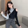 Woman Sweaters Women's Knitwear Autumn Sweater Slim-Fit Contrast Colors off-the-Shoulder Top Femme Chandails Pull Hiver